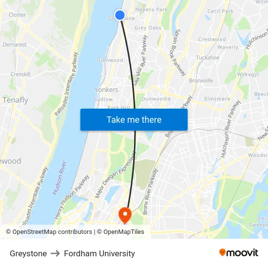 Greystone to Fordham University map