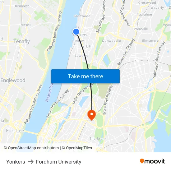 Yonkers to Fordham University map
