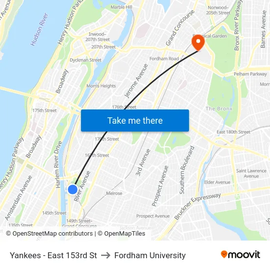 Yankees - East 153rd St to Fordham University map