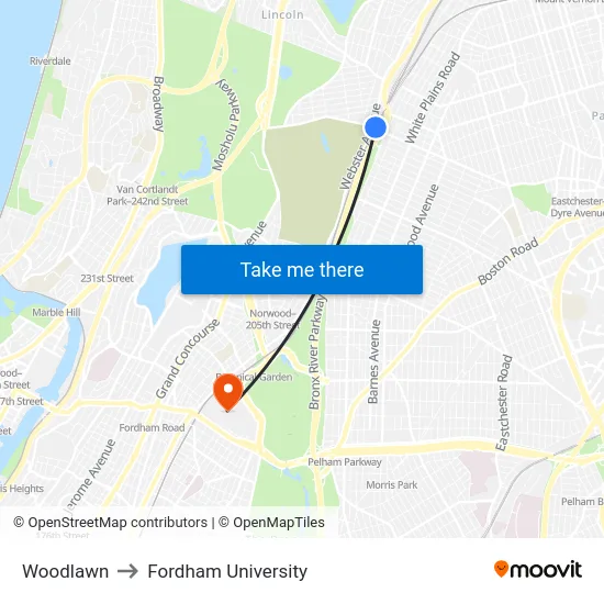 Woodlawn to Fordham University map
