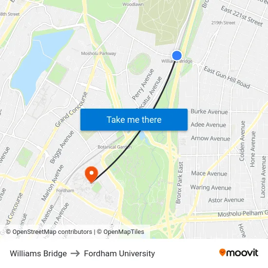 Williams Bridge to Fordham University map