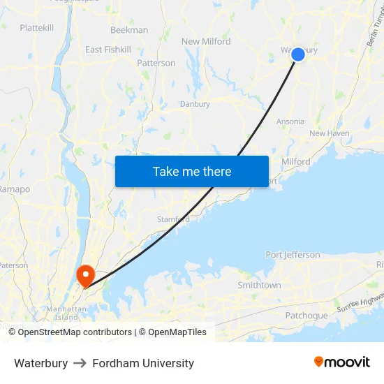 Waterbury to Fordham University map