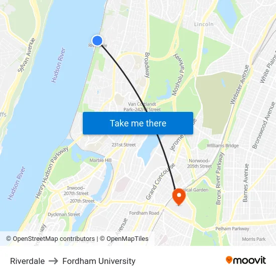 Riverdale to Fordham University map