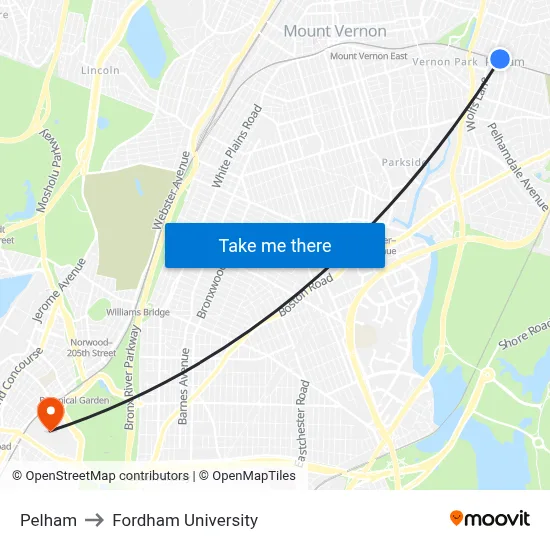 Pelham to Fordham University map