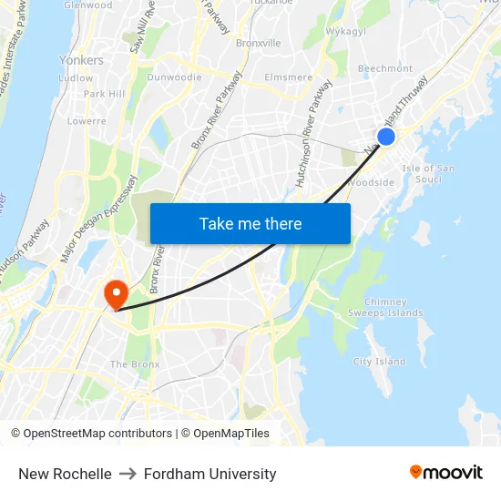 New Rochelle to Fordham University map
