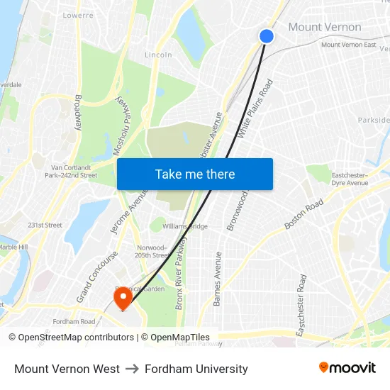 Mount Vernon West to Fordham University map