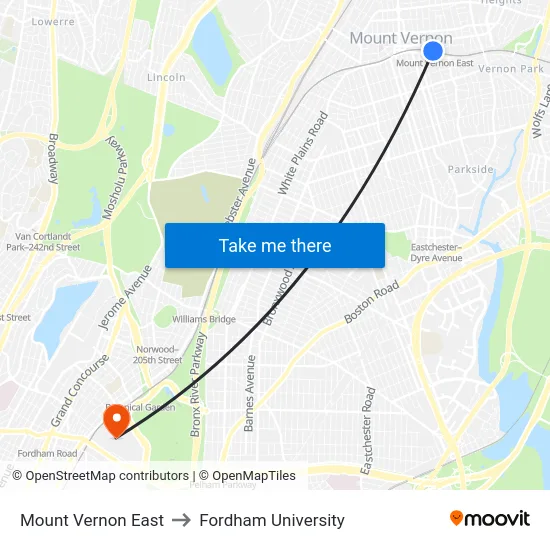 Mount Vernon East to Fordham University map