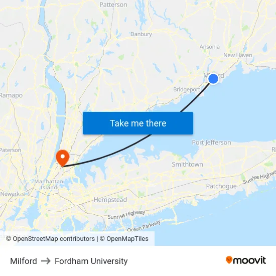 Milford to Fordham University map