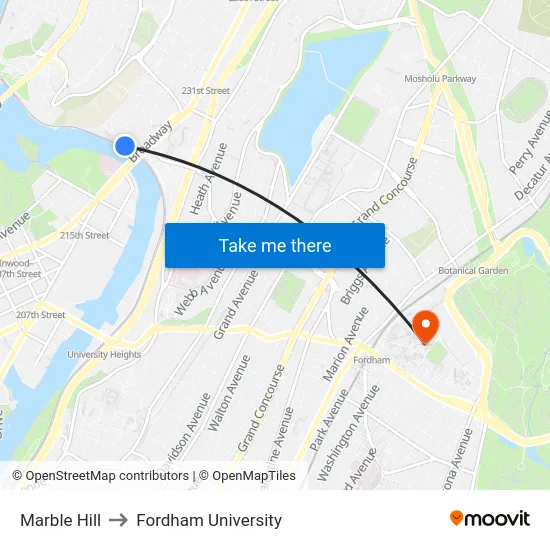 Marble Hill to Fordham University map