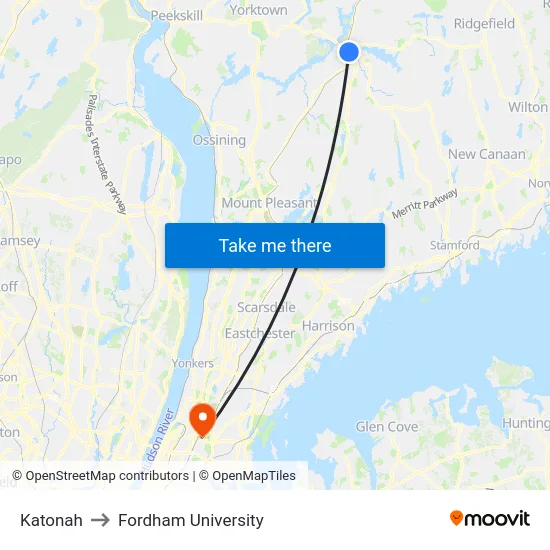 Katonah to Fordham University map