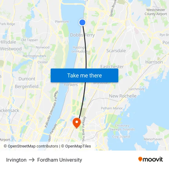 Irvington to Fordham University map