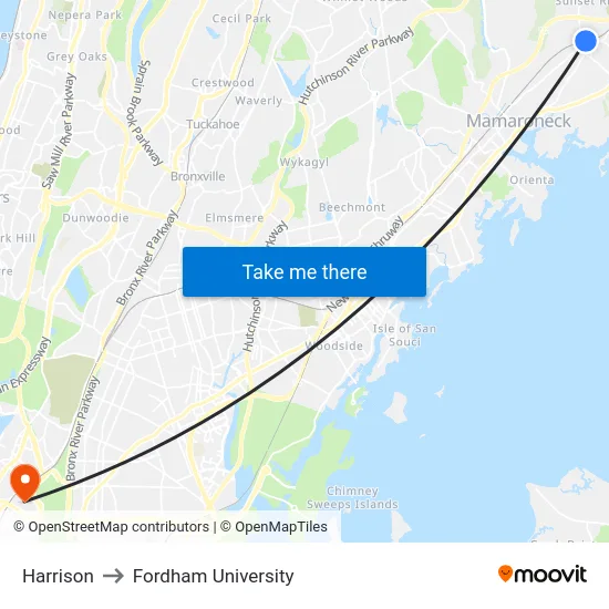 Harrison to Fordham University map
