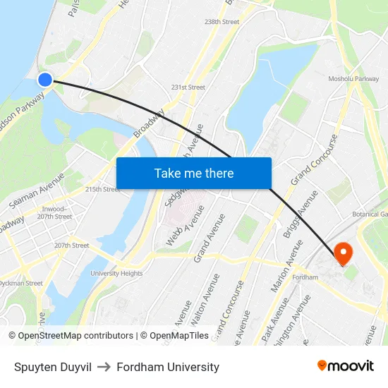 Spuyten Duyvil to Fordham University map