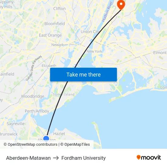 Aberdeen-Matawan to Fordham University map