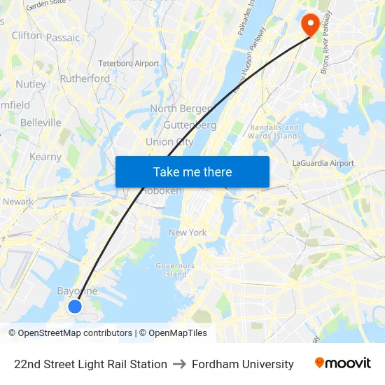 22nd Street Light Rail Station to Fordham University map