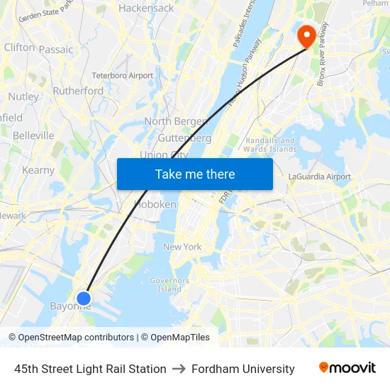 45th Street Light Rail Station to Fordham University map