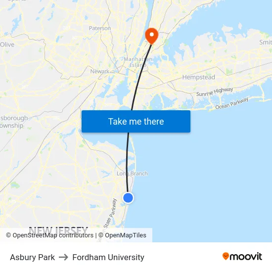 Asbury Park to Fordham University map
