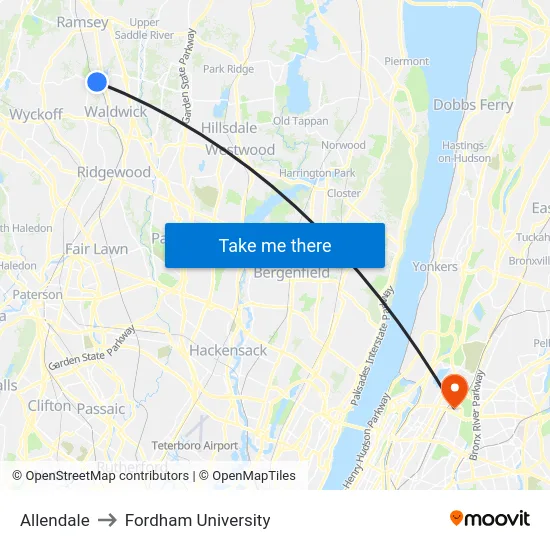 Allendale to Fordham University map