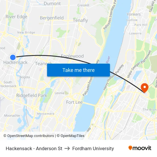 Hackensack - Anderson St to Fordham University map