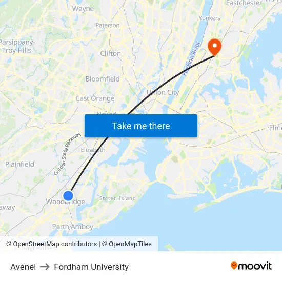 Avenel to Fordham University map