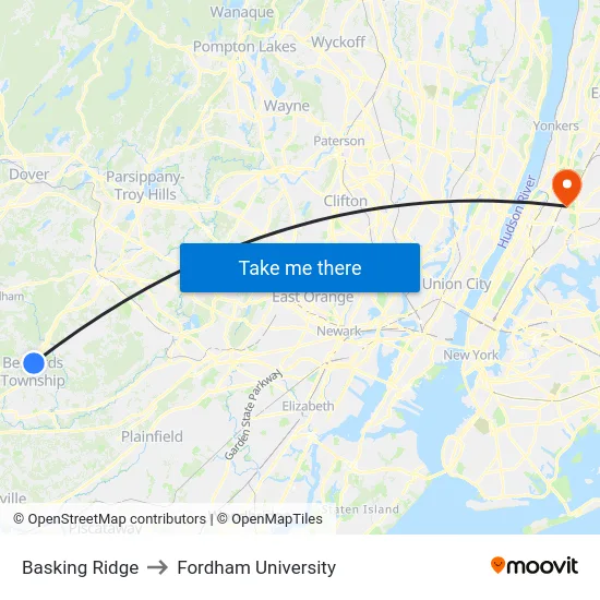 Basking Ridge to Fordham University map