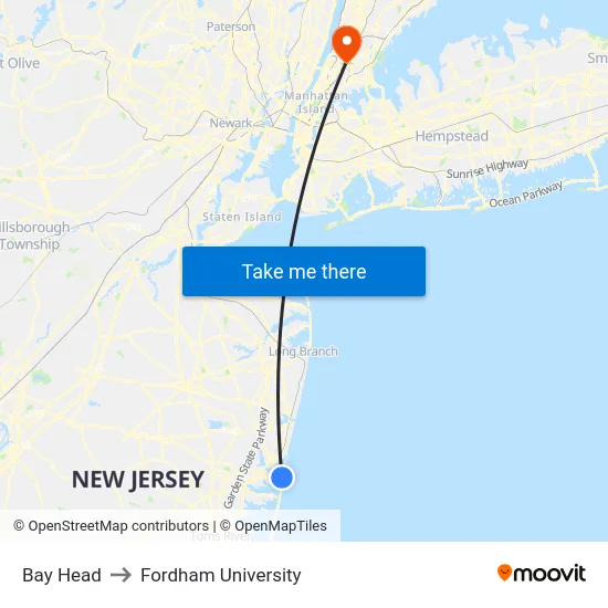 Bay Head to Fordham University map