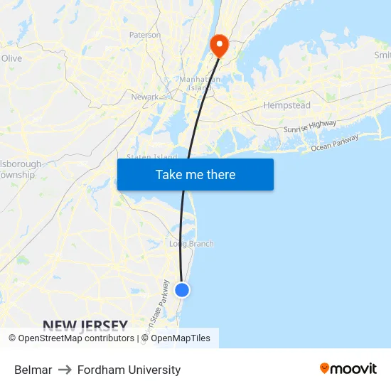 Belmar to Fordham University map