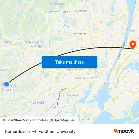 Bernardsville to Fordham University map