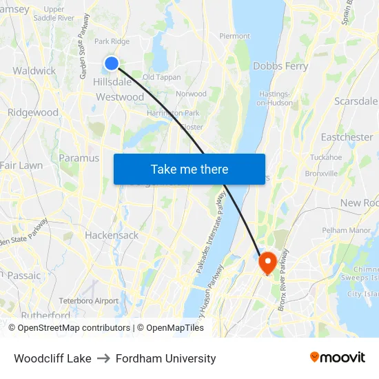 Woodcliff Lake to Fordham University map