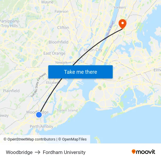 Woodbridge to Fordham University map