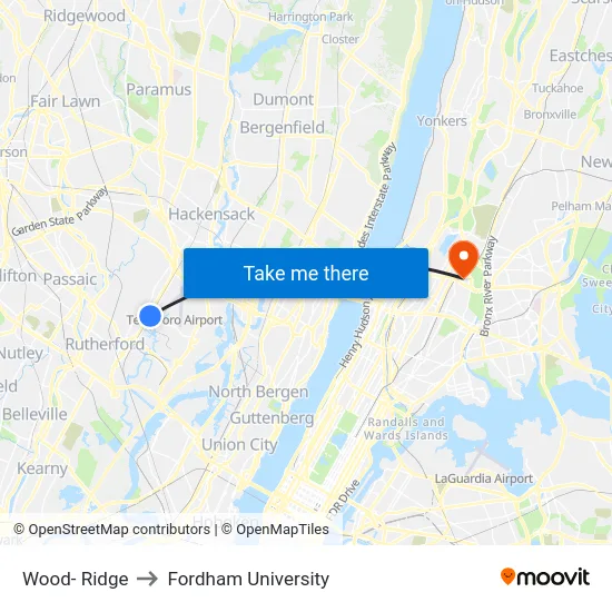 Wood- Ridge to Fordham University map