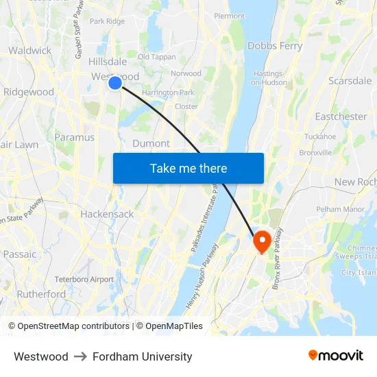 Westwood to Fordham University map