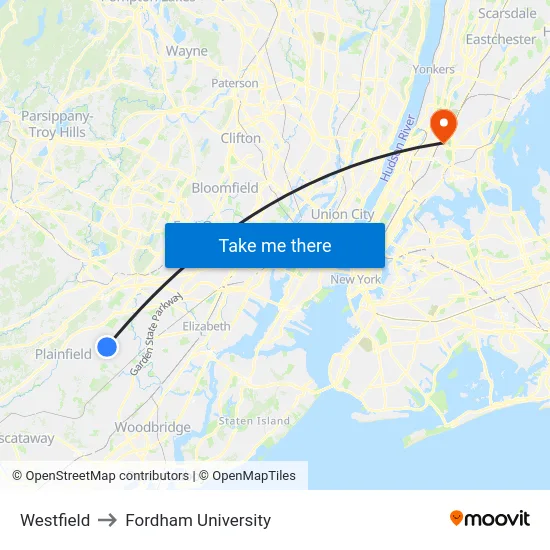 Westfield to Fordham University map