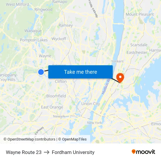 Wayne Route 23 to Fordham University map