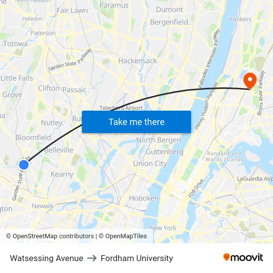 Watsessing Avenue to Fordham University map
