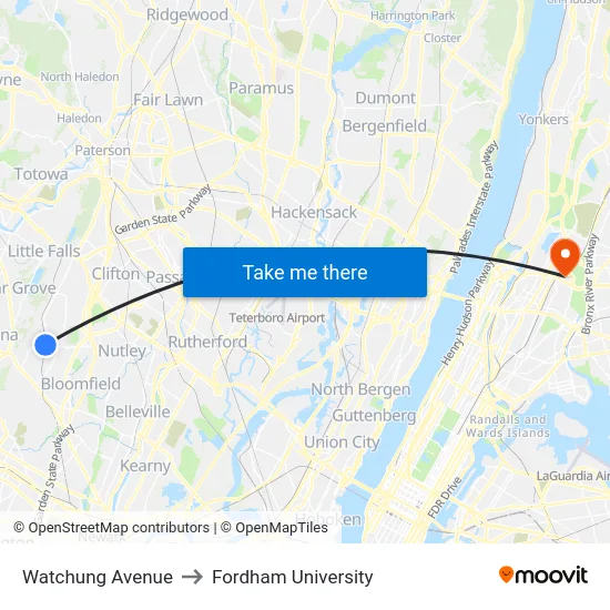 Watchung Avenue to Fordham University map