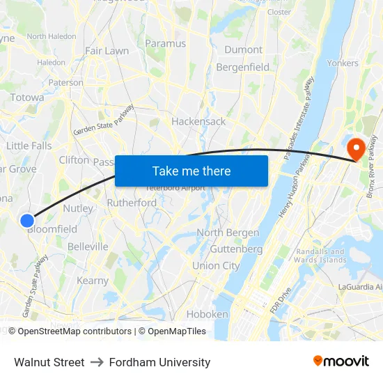 Walnut Street to Fordham University map