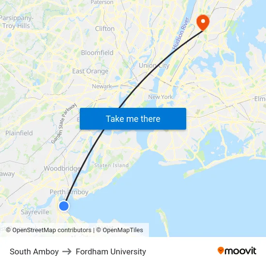 South Amboy to Fordham University map