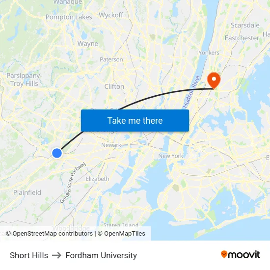 Short Hills to Fordham University map