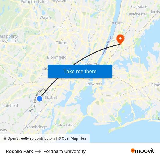 Roselle Park to Fordham University map