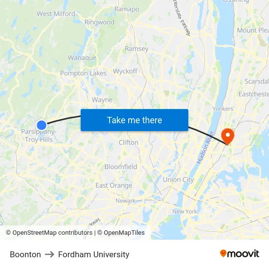 Boonton to Fordham University map