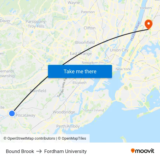 Bound Brook to Fordham University map