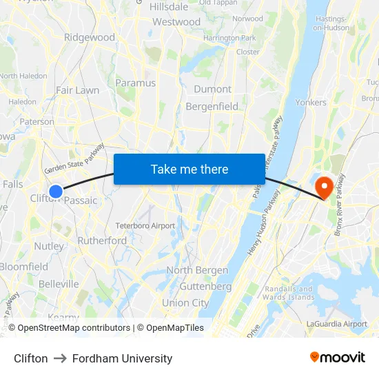 Clifton to Fordham University map