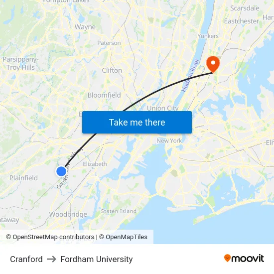 Cranford to Fordham University map