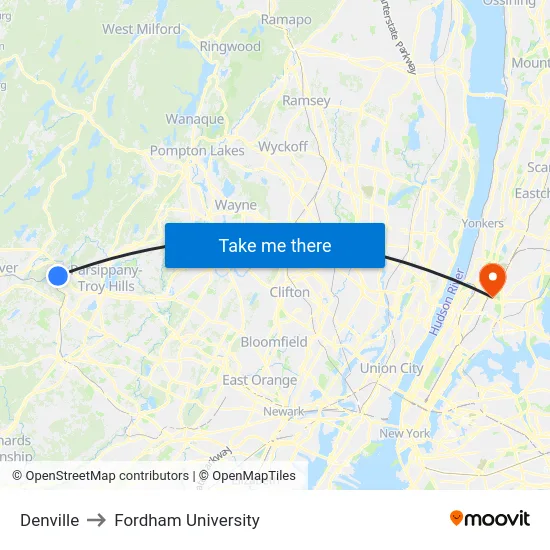 Denville to Fordham University map