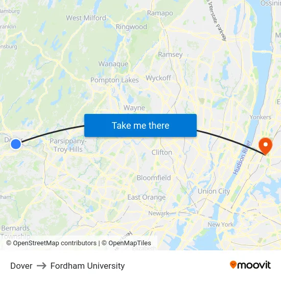 Dover to Fordham University map