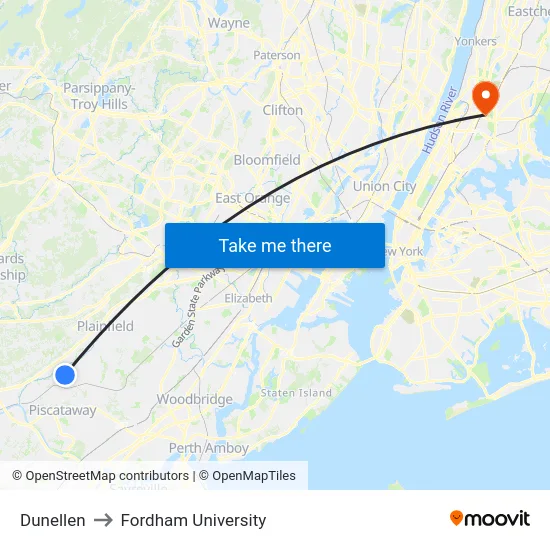 Dunellen to Fordham University map
