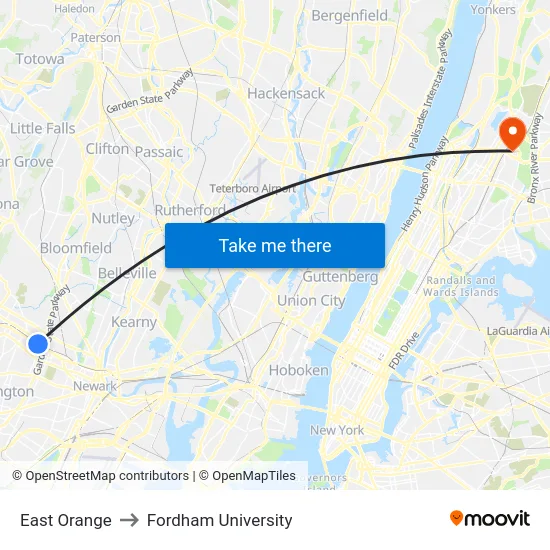 East Orange to Fordham University map