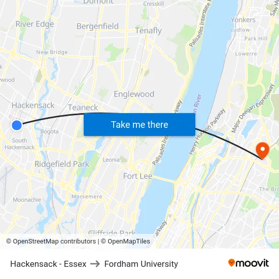 Hackensack - Essex to Fordham University map