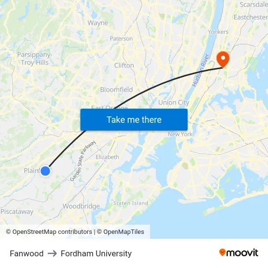 Fanwood to Fordham University map